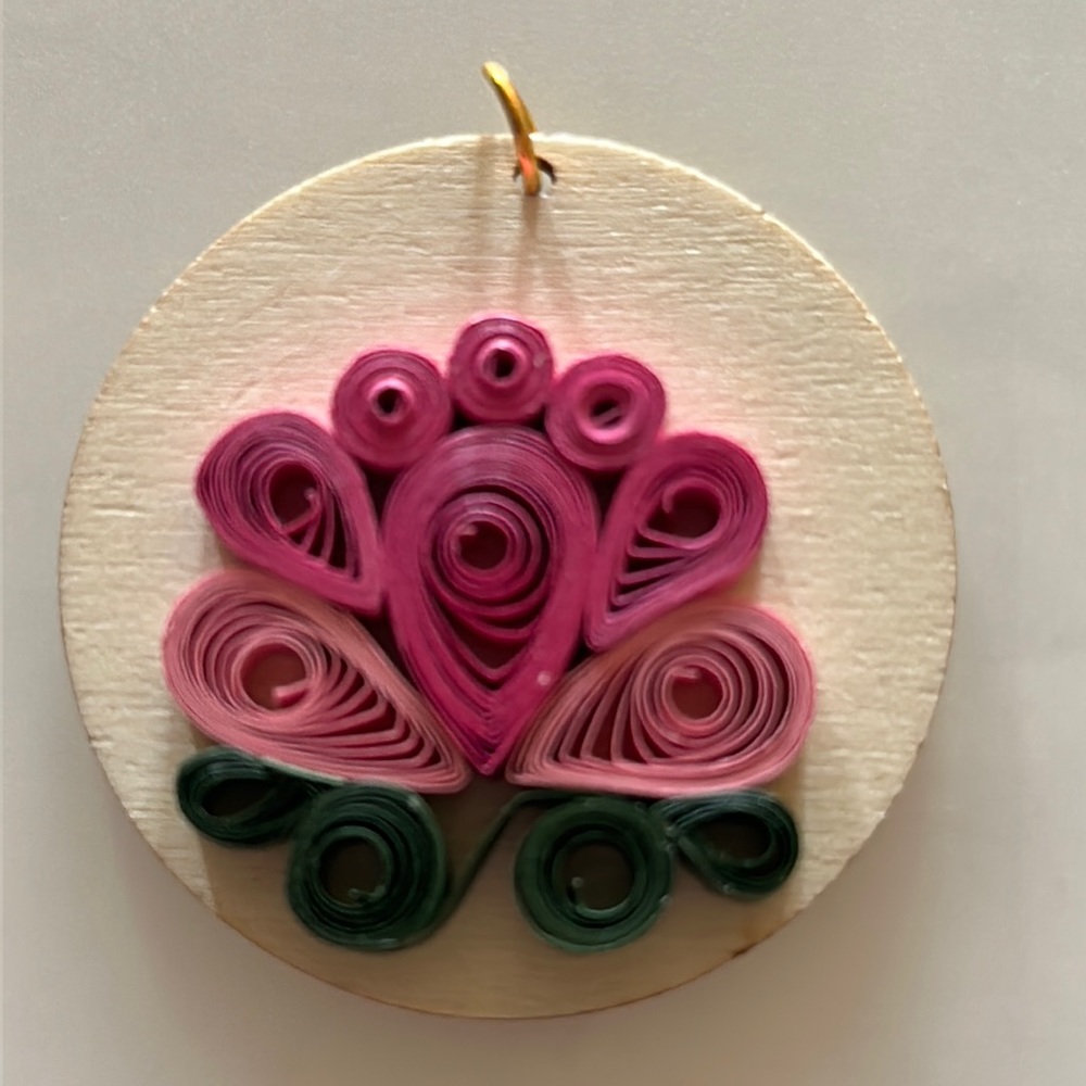 Handmade elegant floral quilled paper on wood backing pendant